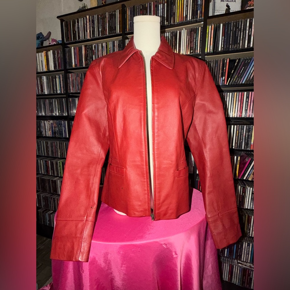 Vintage Clio Vibrant Red Leather Jacket Women’s S Zip Genuine Leather Western